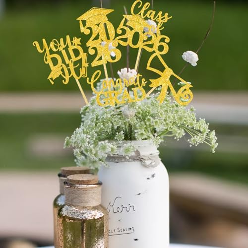 Image of Graduation Centerpiece Sticks 24PCS Glitter Grad Picks Party Table Decor Senior High School College Sign Gold