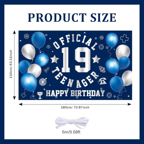Image of Happy 19th Birthday Banner Backdrop 19th Birthday Decorations for Boy | Large Official Teenager 19th Backdrop 19 Year Old HBD Party Decorations Supplies, Navy Blue Silver