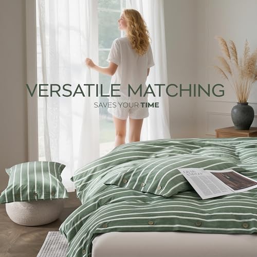 Image of JELLYMONI Cotton Duvet Cover Twin XL Size - Green Striped Comforter Cover with Button 100% Washed Cotton 2PCS Breathable Soft Solid Bedding Set Duvet Cover 66x92in & 1 Pillowcase (NO Comforter)