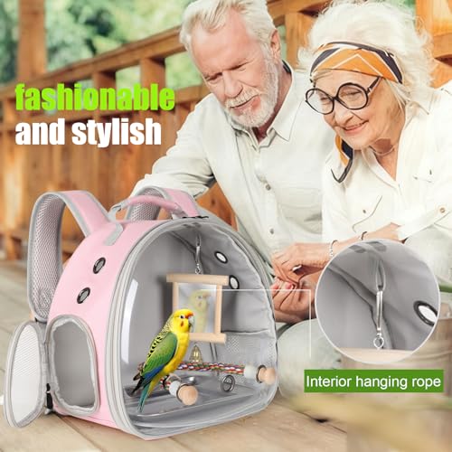 Image of Portable Parrot Travel Cage Carrier with Mirror Standing Toy Set Small Bird Parakeet Bag with Standing Perch Bird Carry Transport Bag (Pink, Backpack /Mirror)