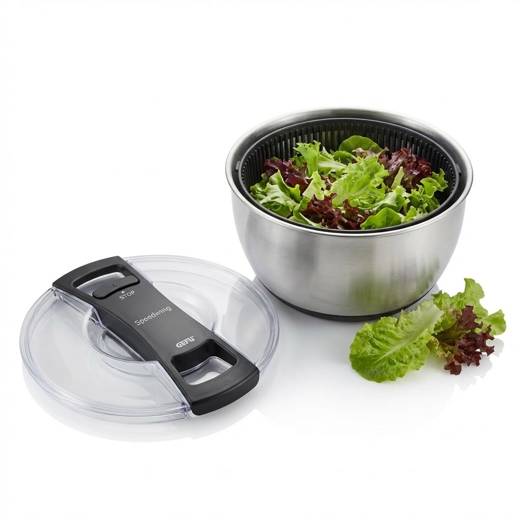 GEFU SPEEDWING® Salad Spinner, Stainless Steel, 5 L Cable-Pull Salad Dryer with Stop Button and Serving Bowl