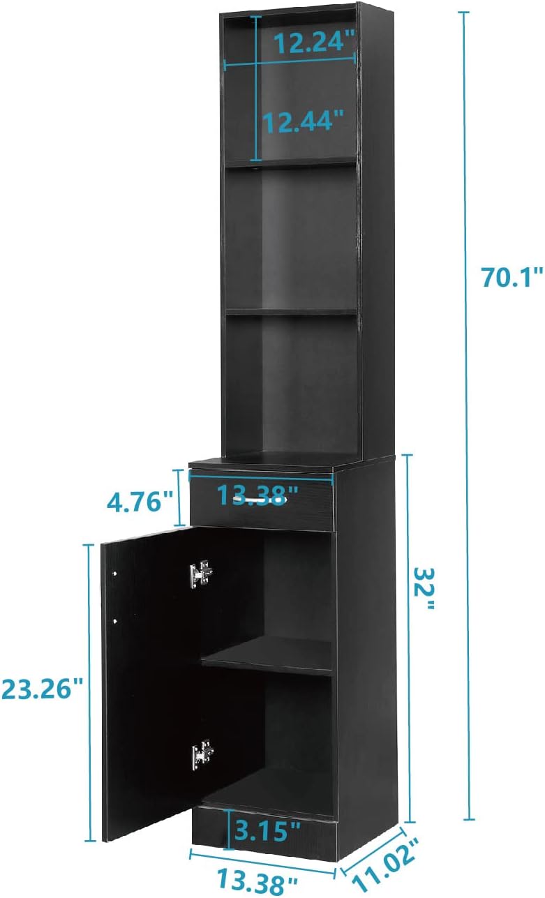 Tall Bathroom Storage Cabinet, 70" Bathroom Cabinets Freestanding, Slim Linen Cabinet with 3 Tier Open Shelves and Drawer, Narrow Linen Tower for Living Room, Laundry Room, Black
