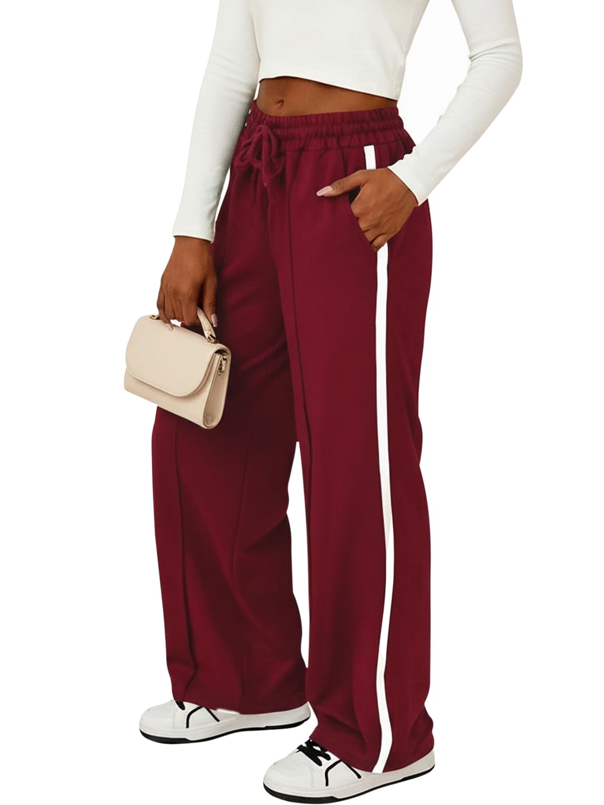 Fisoew Damen Jogginghose Gestreifte Baggy Hosen mit Elasticher Taille und Seitentaschen Kordelzug Sporthose Kontrastfarben Freizeithose