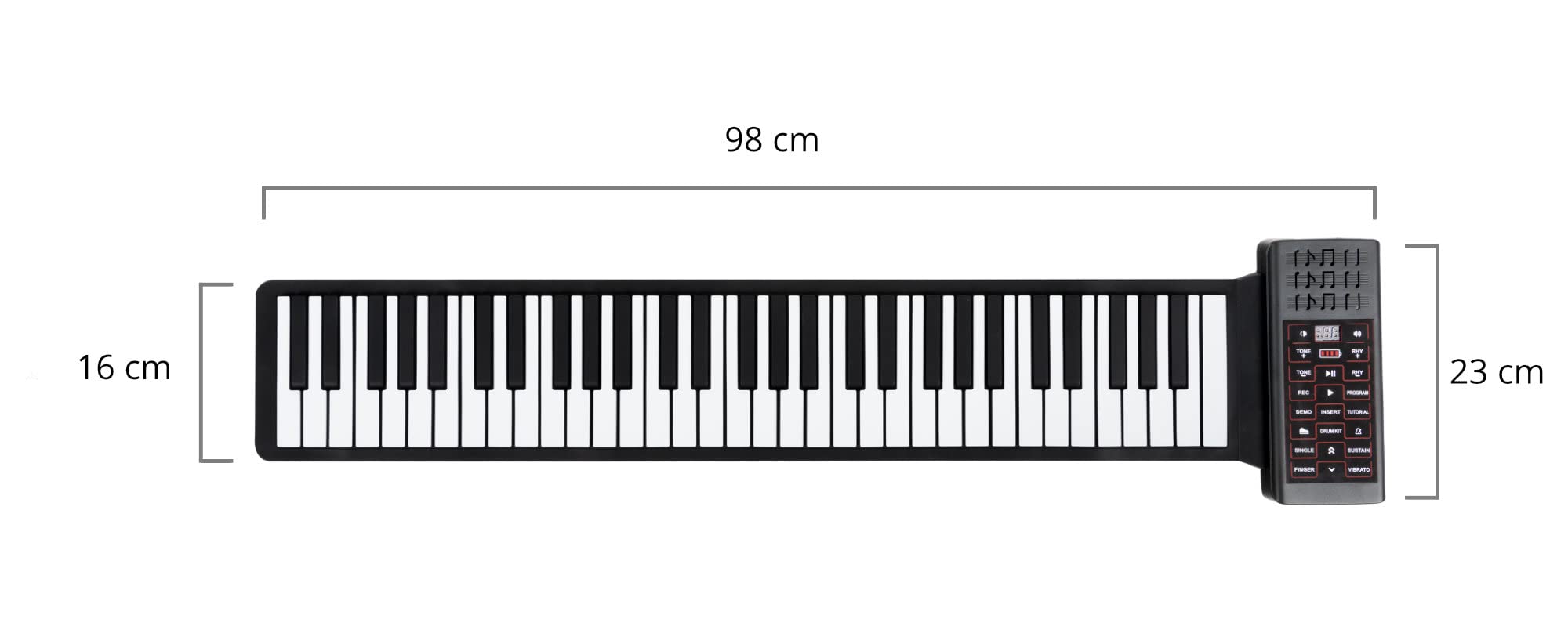 McGrey RA-61 Rollpiano con Batteria, Generale, 61 tasti in silicone | 128 timbri, 128 ritmi di accompagnamento, 14 brani demo, Display LED, Interfaccia MIDI-USB, Uscita cuffie, Ingresso microfono