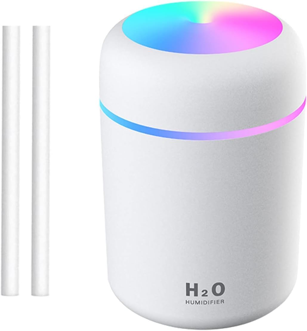 Colorful Cool Mist Mini Humidifier 300ml, USB Personal Desktop Humidifiers for Car Office Home Travel, Auto Shut-Off, 2 Mist Modes, Ultra Quiet (White)