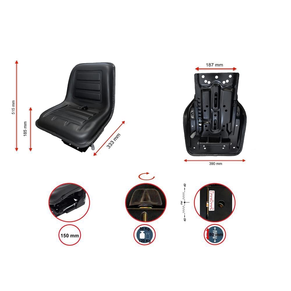 KlaraSeats Schleppersitz Traktorsitz KS 44/8 PVC Schwarz Schmalspur 390mm