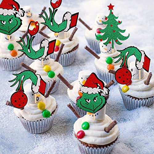 Zhuoweism 24 Pcs Glitter Grin-Ch Merry Christmas Cupcake Toppers Red Green Christmas Tree Drink Up Grinches Grin-Chmas Cupcake Picks For Merry Christmas Holiday Theme Birthday Party Cake Decorations Supplies thumb #5