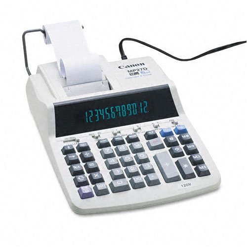 Canon Products - 12-Digit Calculator, 2-Color Printing, 8-7/8"x13-1/8"x3" - Sold as 1 EA - 12-digit heavy-duty printing calculator features extra-large fluorescent tube display and high-speed ribbon two-color printing. Print 4.8 lines per second with positive numbers in black and negative numbers in red. Plain paper roll is 2-1/4" (57mm) wide. Quick reference guide briefs you on main functions or address book information. Functions include one-touch tax calculation, clock/calendar, cost/sell/mar