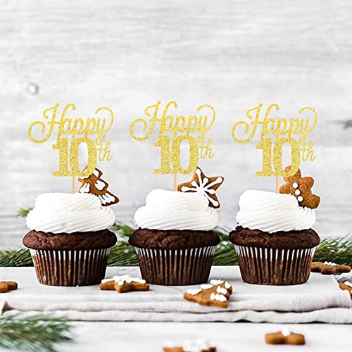 24 Stück 10 Cupcake Toppers GlitterHappy 10th Birthday Kuchen Topper Nummer 10 Achtzehn Sweet 10 Geburtstag Hochzeitstag Party Kuchen Dekorationen Zubehör Gold