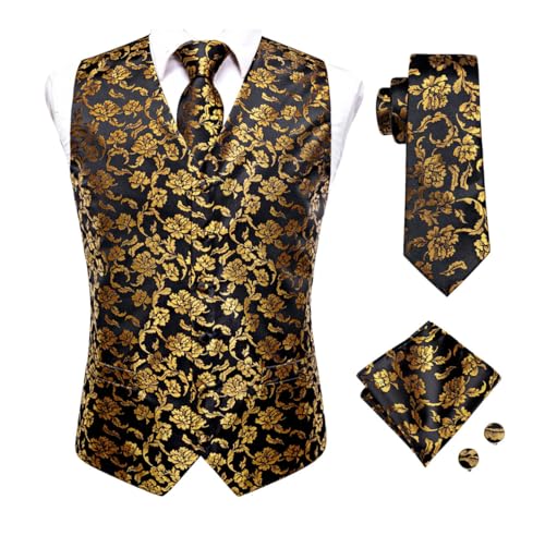 Men's Elegant Waistcoat Vest Set with Silk Tie Hanky and Cufflinks for Business Wedding