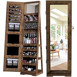 sogesfurniture Espejo Joyero de Pie, Armario de Joyas de Giro de 360°, Longitud Completa del Espejo, Organizador de Joyerías con Cerradura, 3 Estantes de Almacenamiento, Marrón Rústico