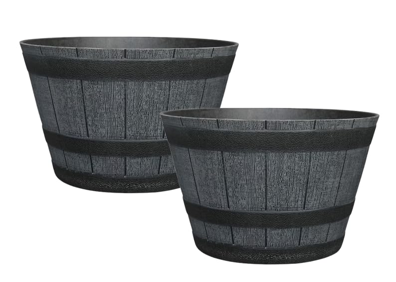 Fixtures Business & Homewares Barrel Cask Planter Medium, Grey 40cm x 27cm (Twin Pack). Indoor Outdoor, Weather Proof, Classic Design.