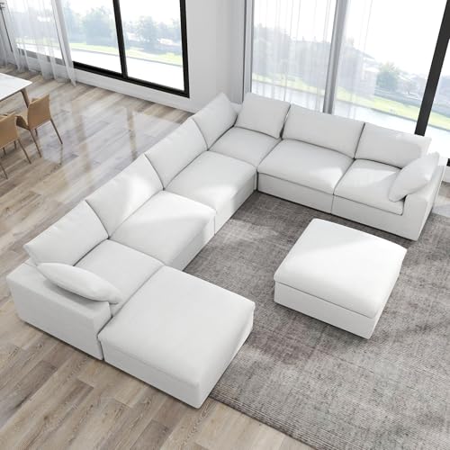 Image of 160 inch Cloud Sectional Couch, Overzised Down Filled Couch, 8 Seater Convertible Modular Cloud Sofa for Living Room, Minimalist Deep Seat Modern Couches,Sofa Cover Removable, White