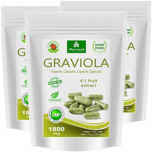 MoriVeda® - Capsule Graviola 360 x 1800mg estratto di frutta 4: 1 in guscio capsula HPMC, vegano, prodotto di qualità - soursop (3x120 Capsule)