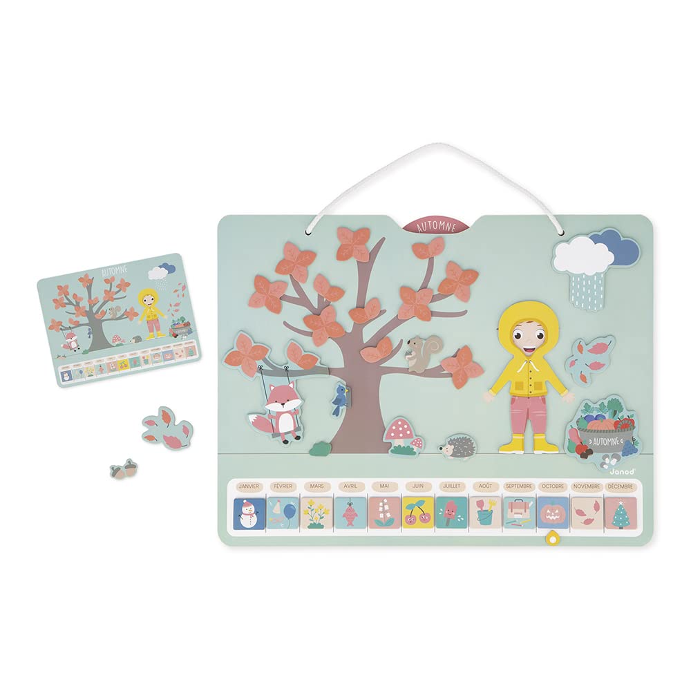 Janod - Calendario delle Stagioni - Calendario Educativo in Legno per Bambini 42 x 32 cm - Magnetico - 125 Magneti - Imparare Tempo e Stagioni - Versione Francese - dai 3 Anni, J547