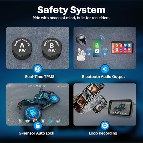 Image of WonVon Motorcycle CarPlay Screen with Android Auto - 6.25 inch Waterproof GPS Pantalla para Moto Apple CarPlay Navigation System for Motorcycle, Dual 2K Dash Cam Bluetooth Audio & TPMS with Magnetic Mount