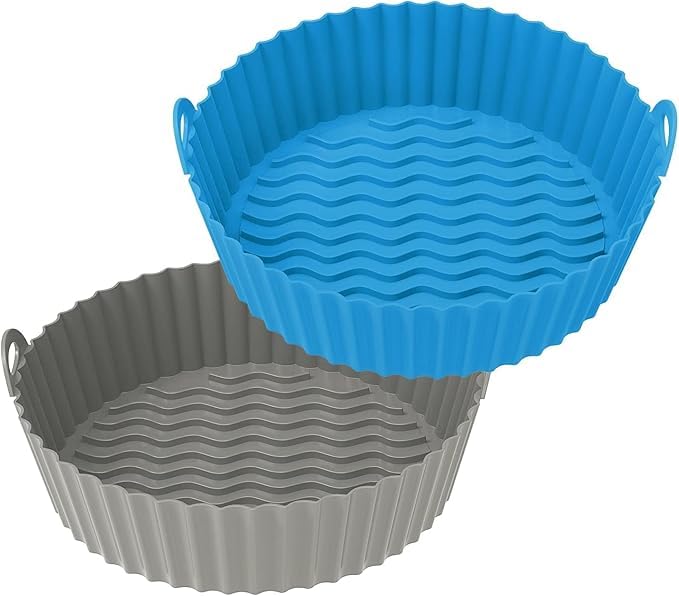 Image of Yorwe Air Fryer Silicone Tray | Reusable Nonstick Air Fryer Liner Round Basket with Handles | Heat Resistant Silicone Pot for Fryer Oven Steamer Baking | 8 Inch Multiuse Cooking Insert (Blue + Gray)