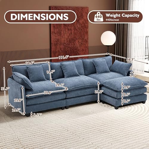 Image of Ihanherry L Shaped Cloud Sofa 111.4 inch Modern Modular Sectional Couch with Ottoman, 4-Seat Chenille Deep Seat Sofa with Pillows for Living Room, Blue