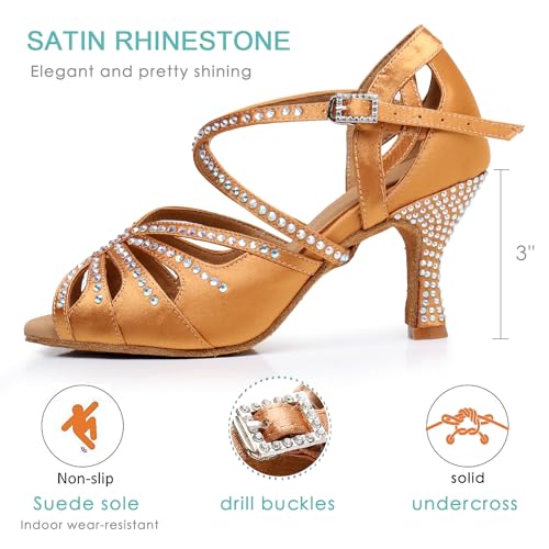 Ballroom Dance Shoes for Women – Salsa Latin Dancing Shoes, Professional 3 Inch Ladies Satin Rhinestone Dance Heels, 3＂Mid Heel Suede Sole2