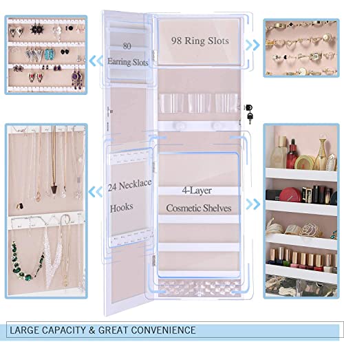 LUXFURNI LED Light Jewelry Cabinet Standing Full Screen Mirror Makeup Lockable Armoire, Large Cosmetic Storage Organizer w/ Brush Holder (White)