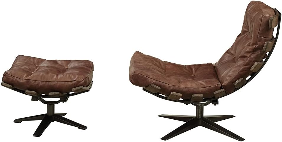 Retro Brown Top Grain Leather Recliner with Ottoman