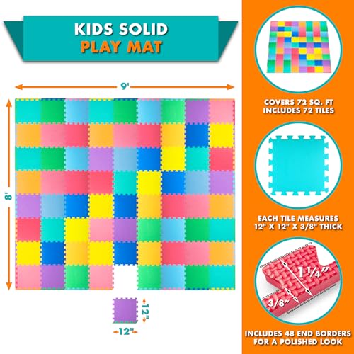 Image of ProSource Baby Play Mat, Soft Foam Floor Tiles for Kids, Interlocking EVA Panels for Playpen Use, Crawling Development Surface, Safe Non-Toxic Toddler Flooring, 72 Tiles, Multicolor