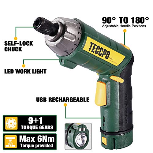 Cordless Screwdriver, 45Pcs 6Nm TECCPO Electric Screwdriver, 4V 2000mAh Li-ion, 9+1 Torque Gears, Self-lock Chuck, 2 LED Lights, Adjustable 2 Position - TDSC01P