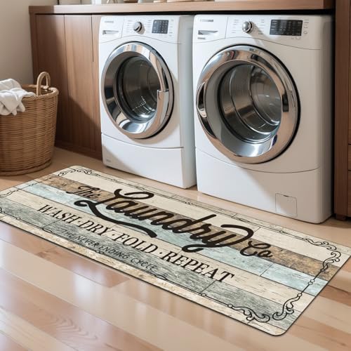 Image of Pauwer Laundry Room Rug Runner 20 inchx60 inch, Non Slip Waterproof Mat, Teal Beige