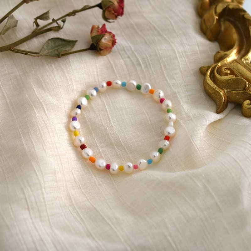 Girls Accessories Pulsera de Perlas Naturales de Agua Dulce para niña, Hechos a Mano nuevos, Pulsera Bohemia para Mujer, Pulsera elástica de Color Caramelo Birthday Gift