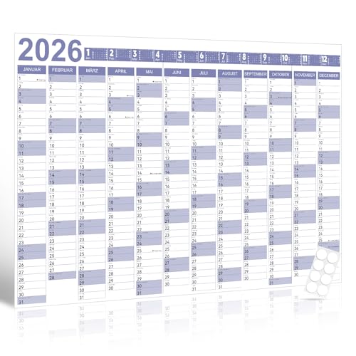 Wandkalender 2026 – Din A1 (84,1 x 59,4 cm) – Groß Jahresplaner laminiert mit 8 Aufklebern, Faltverpackung, Wandplaner für Büro, Schule & Zuhause, Blau