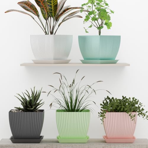 Image of HOMIFLY 5 Pack Plastic Square Flower Pots with Drainage & Bottom Tray /Lightweight, UV & Weather Resistant /6.5 Inch Planters for Indoor /Outdoor /Home /Balcony /Terrace /Garden Plant Pots (Sky Blue)