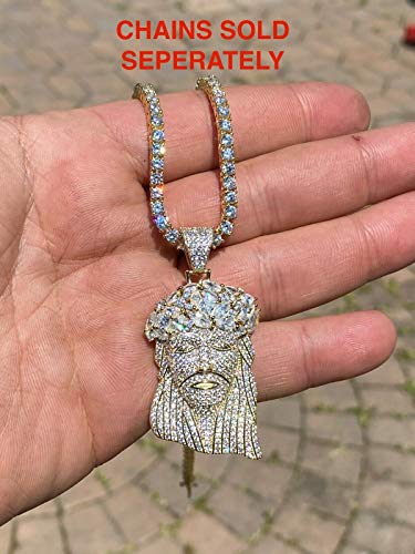 Harlembling Solid 925 Sterling Silver Iced Jesus Piece Pendant - Men's 14K Gold Finish Jesus Piece - Great For Any Chain! Icy Baguette Cz - 3 Sizes: Small, Medium, & Large (Large (3")) #TOP5
