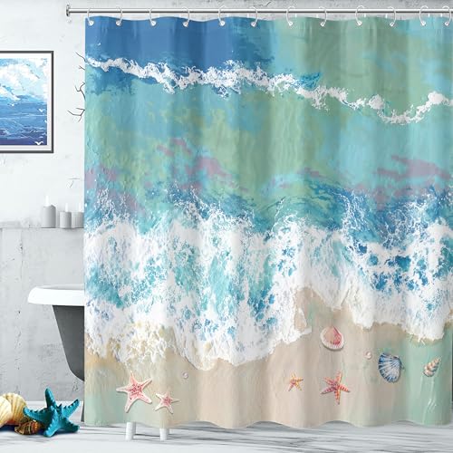 Rexful Beach Shower Curtain Sets Seashore with Starfish Shells Shower