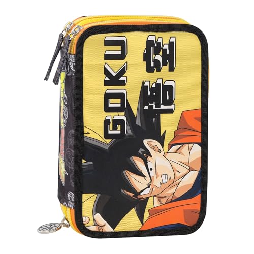 DRAGON BALL SUPER - Astuccio Scuola Ufficiale Dragon Ball, Astuccio 3 Scomparti Bambino e Bambina con Set Cancelleria, Penna Cancellabile Blu e Pratica Chiusura a Zip, 20x13Hx7 cm