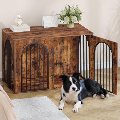 Hzuaneri Hundekäfig Möbel, 108 cm Hundebox für Zuhause, 3 Türen, Bogentür, Moderne Hundebox Indoor für Hunde, Beistelltisch, Hundekäfig Hochbelastbar, 108 x 64 x 76 cm, Vintagebraun DFC86001B
