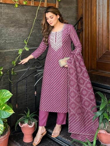 Image of ANNI Designer Women's Cotton Blend Printed Straight Kurta Set with Pant and Dupatta | Ladies Ethnic Three Piece Outfit | Round Neck 3 /4 Sleeve Kurta Pant Dupatta Set for Office College Casual Wear