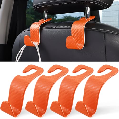 Image of LivTee Car Purse Hook, 4 Pack Universal Auto Seat Headrest Hook Hangers Organizer for Coats, Umbrellas, Groceries - Carbon Fiber Orange