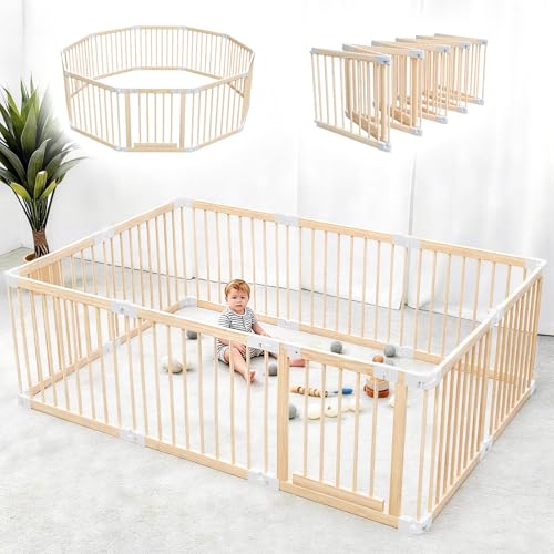 Laufstall Baby, Laufgitter Baby aus Holz, faltbar mit Tür & Sicherheitsverschluss, individuell formbarer Krabbelgitter Absperrgitter für Babys & Kleinkinder