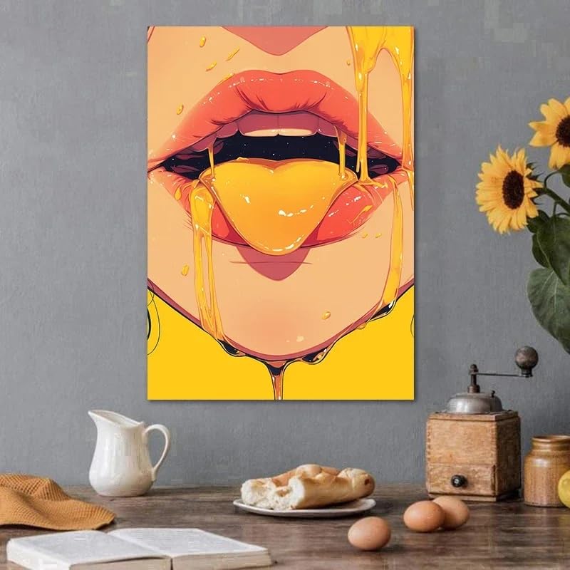 LMAIWANG Cuadro en lienzo de cómics a color, arte de pared para decoración del hogar, chica de anime con boca, lengua sexy, labios goteando (30 x 45 cm/marco interior)