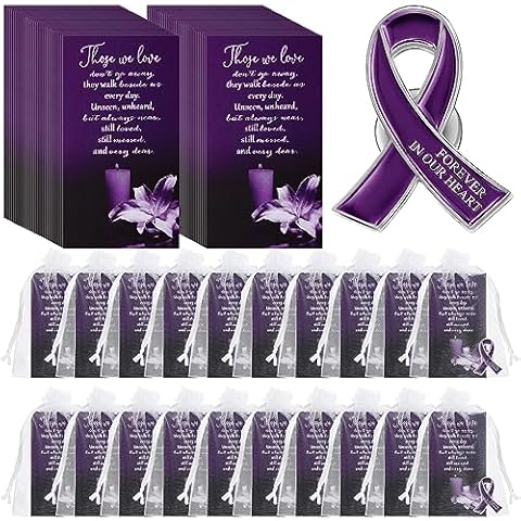 Unittype 120 Set Funeral Ribbon Pins Ribbon Awareness Lapel Pin Remembrance Ribbon Brooch with Prayer Cards Organza Bags (Purple) Cover