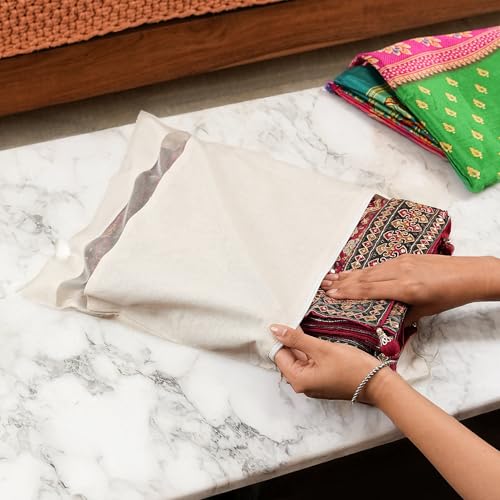 Image of Amazon Brand - Solimo Cotton Saree Bags /Covers with Zip Closure|Wardrobe Organizer with Mesh Window|Single Size (14 x 16 inches)|Pack of 24, Beige