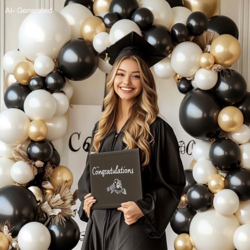 Image of Zesliwy Black White Gold Balloon Arch Kit,Double Stuffed Pearl Sand White Balloon Garland Different Sizes 18 /12 /5 Inch Cream Balloons for Graduation Wedding Birthday Bachelorette Party Decoration