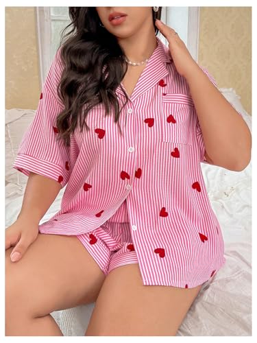 Verdusa Women's Plus Size 2 Piece Heart Striped Pajama Set Button Up Collared Shirts with Shorts Loungewear4