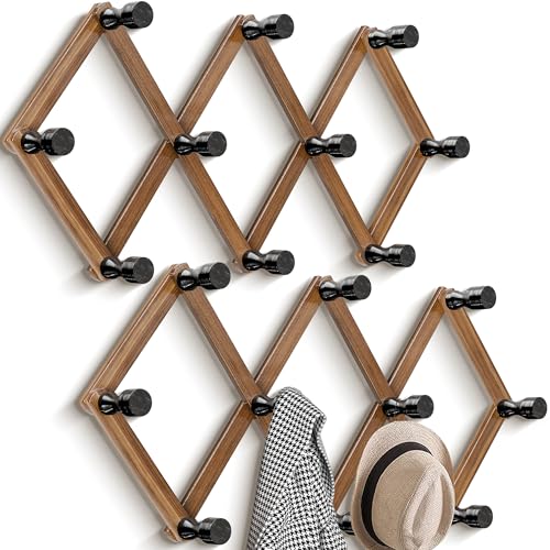 WGFKVAS 2 Pack Accordion Wall Hanger, Expandable Wooden Coat Rack Wall Mounted, Hat Rack Hat Hanger for Caps, Coats, Mugs