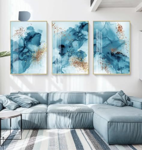 Peinture sur toile bleue et dorée pour grand mur de salon chic