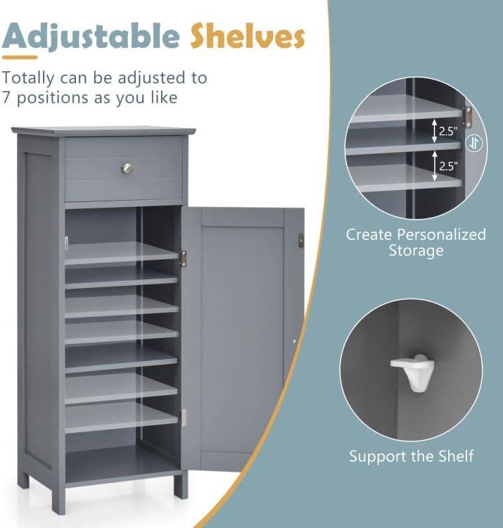 Miniatura 6 de GOFLAME Armario de almacenamiento de baño, armario de almacenamiento de madera independiente con cajón grande, 2 estantes flotantes con 7