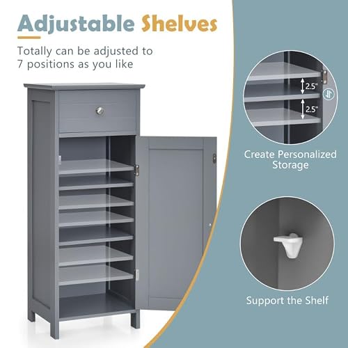 GOFLAME Bathroom Storage Cabinet, Freestanding Wooden Storage Cabinet with Large Drawer, 2 Float Shelves with 7 Positions, Bathroom Floor Cabinet Organizer for Living Room, Gray - Thumbnail 6