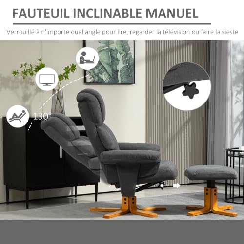 Fauteuil relax avec repose pied HOMCOM dossier inclinable assise rembourrée velours 79x80x104cm - vue 4