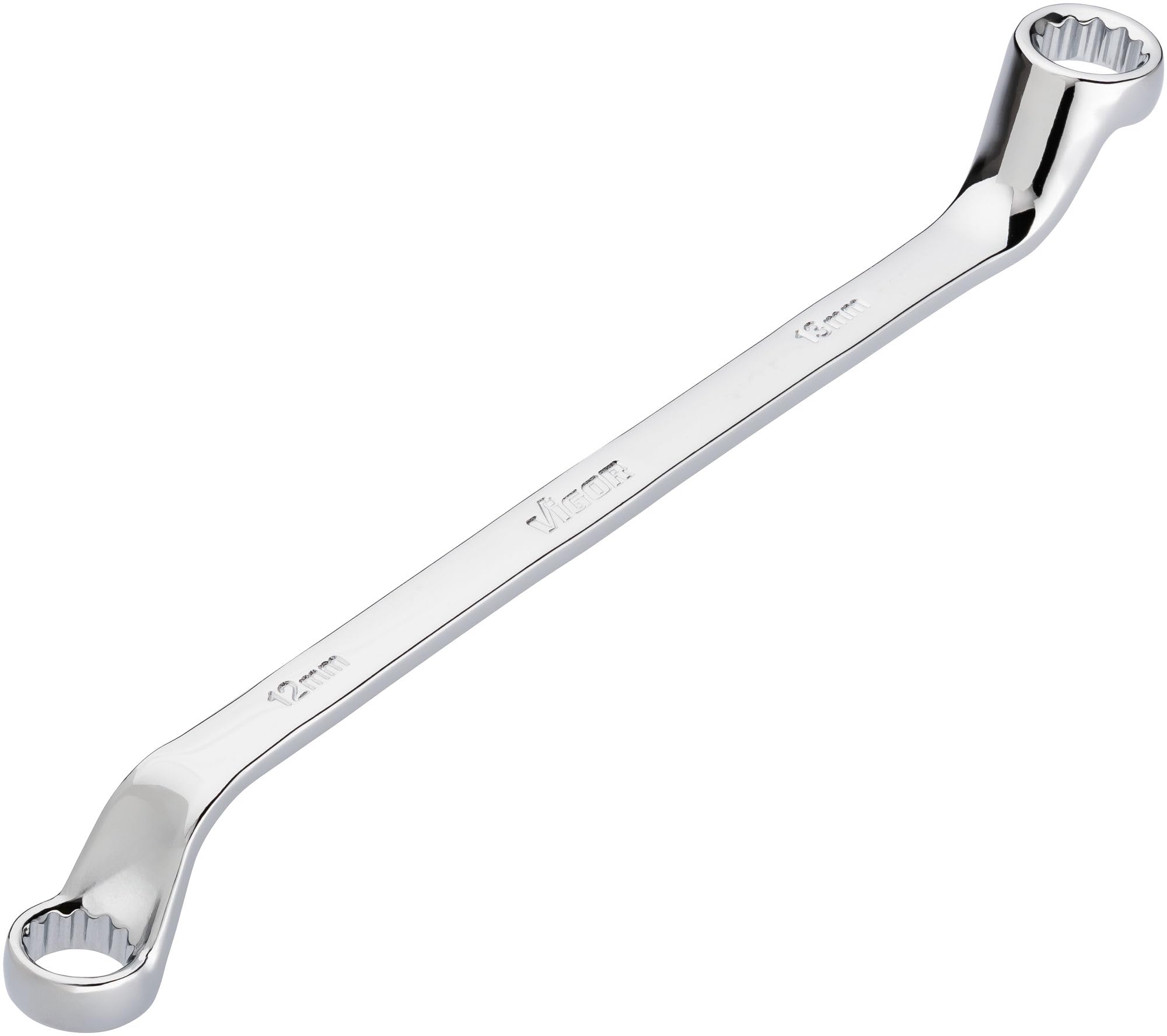 Vigor Double Ring Spanner V7750-12X13, SW 12 x 13 mm, External Double Hexagon Profile, 15 Degree Offset, 218 mm Length, Chrome-Plated, in Accordance with DIN 838/ISO 10104