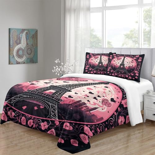 Housse de couette Tour Eiffel 3D 200x200cm en microfibre avec 2 taies d'oreiller